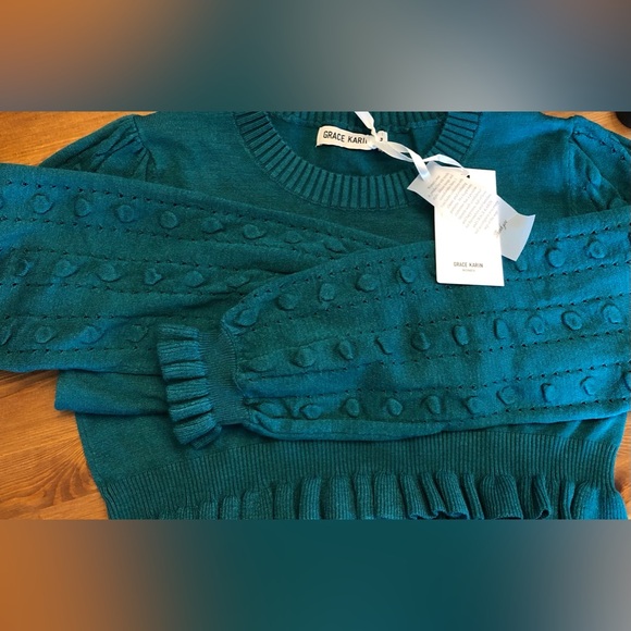 Grace Karin Teal Sweater with Cute Sleeve Detail - Picture 3 of 4